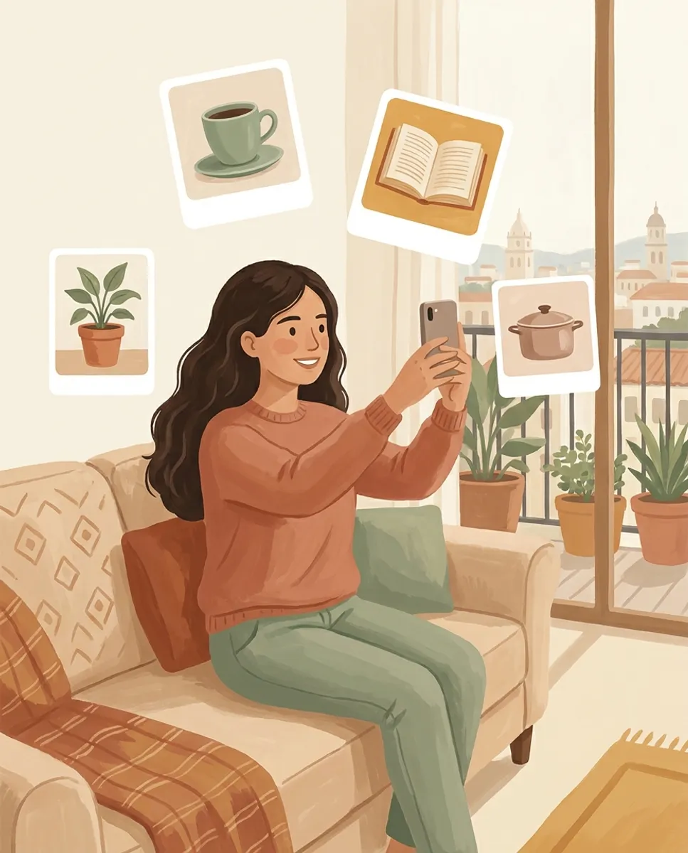 Ilustración de una persona en su sofá tomándose una selfie